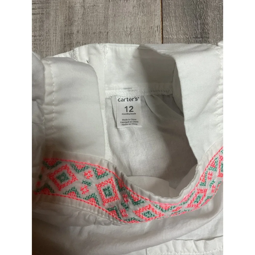 Carters Baby Girl 12M White Embroidered Flutter Tunic and Coral Shorts Set
